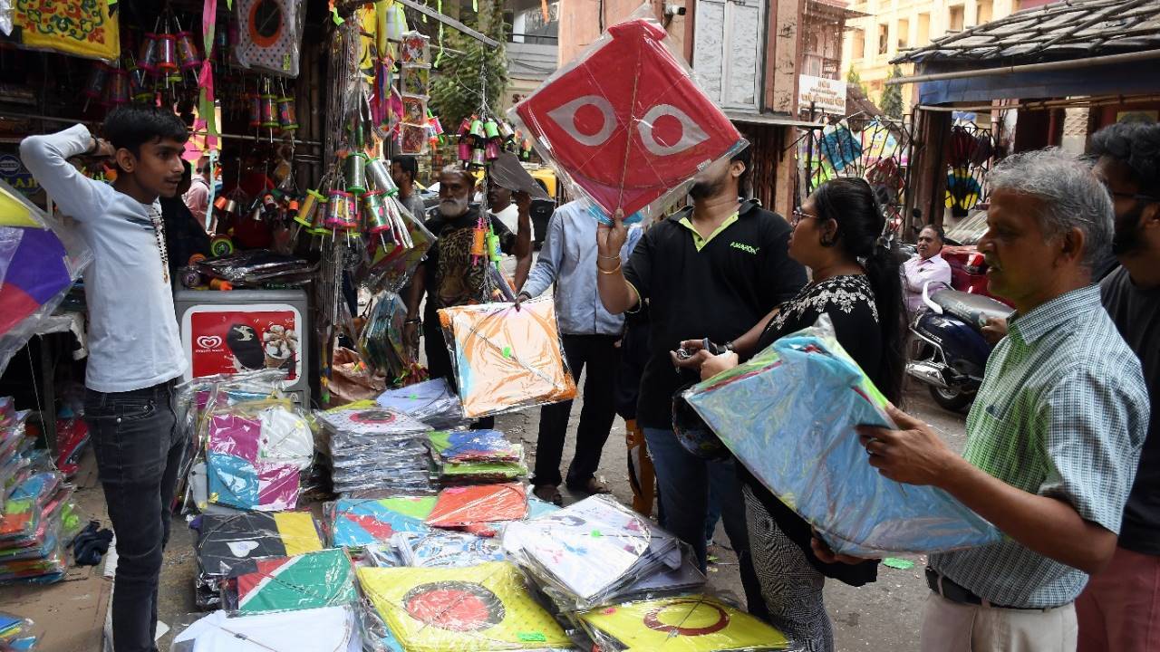 People buying Kites at Prathnasamj in Girgaum on Makar sankranti.